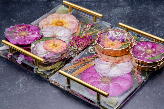 Landscape photo of a pressed flower 12x8 tray and coaster bundle with soft dried roses