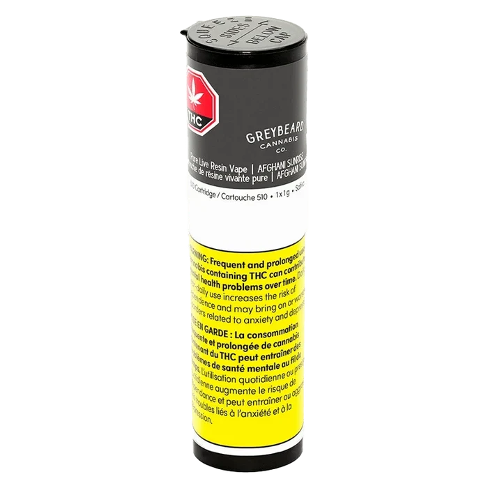 Tall front view of the Greyb eard Cannabis Co. Afghani Sunrise Pure Live Resin Vape Cartridge tube showing black cap, grey label and yellow warning panel.