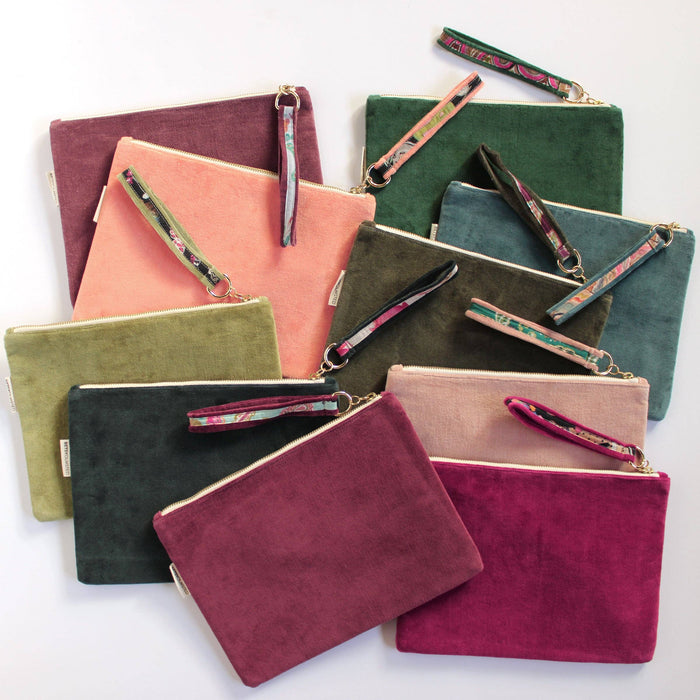 betsy olmsted pouch, velvet cosmetic pouch, makeup bag, velvet clutch, giftable accessories, watercolor print pouch, travel pouch, small essentials bag