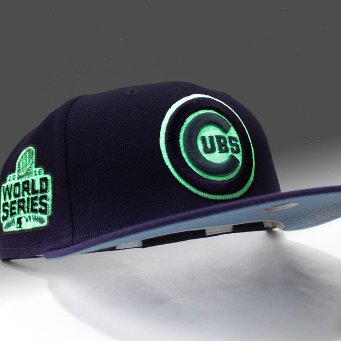 Chicago Cubs 2016 World Series New Era 59Fifty Fitted Hat (Glow in the Dark Purple Sky Blue Under Brim)