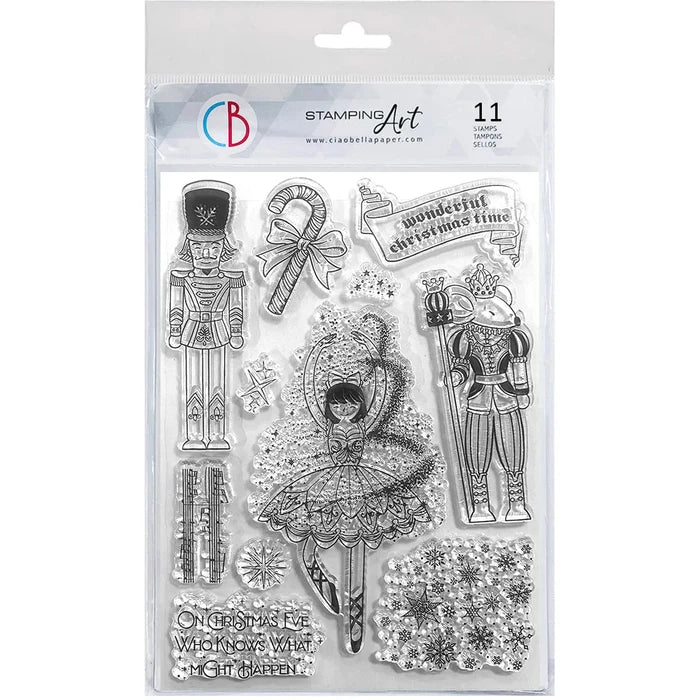 Ciao Bella - Clear Stamp Set 6x8 - Nutcracker Tale. Drawing inspiration from the “The Nutcracker” collection this is an 11 stamp set with a variety of Christmas themed elements plus text elements coordinating beautifully with this collection. Available at Embellish Away located in Bowmanville Ontario Canada.