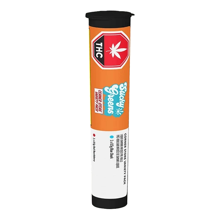Vertical front view of a cylindrical tube labeled "Corner Store Kief Coated Liquid Diamond Infused PR 3 x 0.5 g" with orange branding, a red THC symbol near the top, and black cap and base.