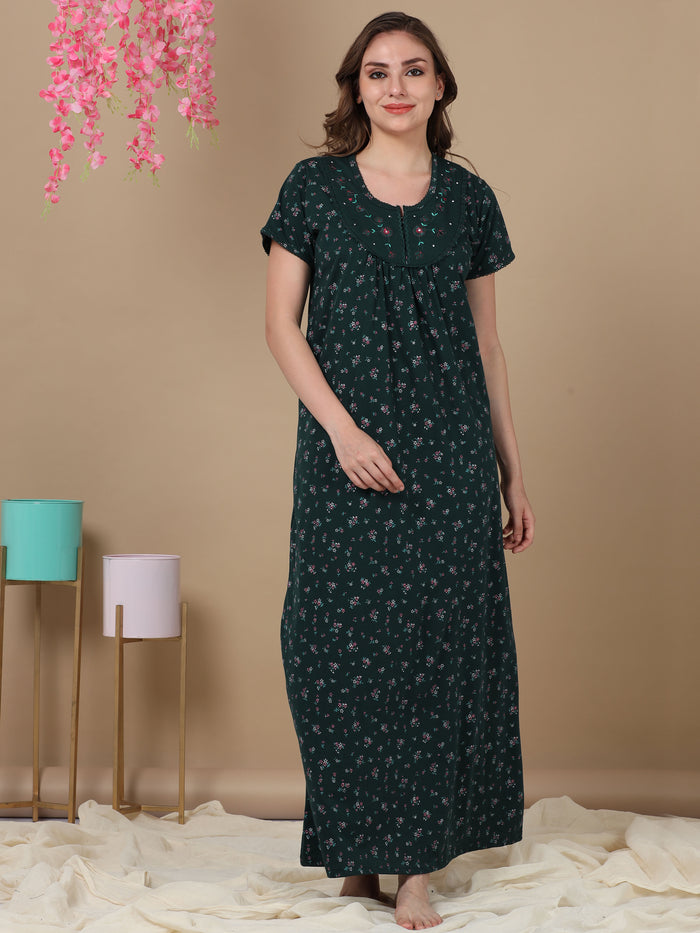 Embroidred Dark Green Front Open Nighty for Women