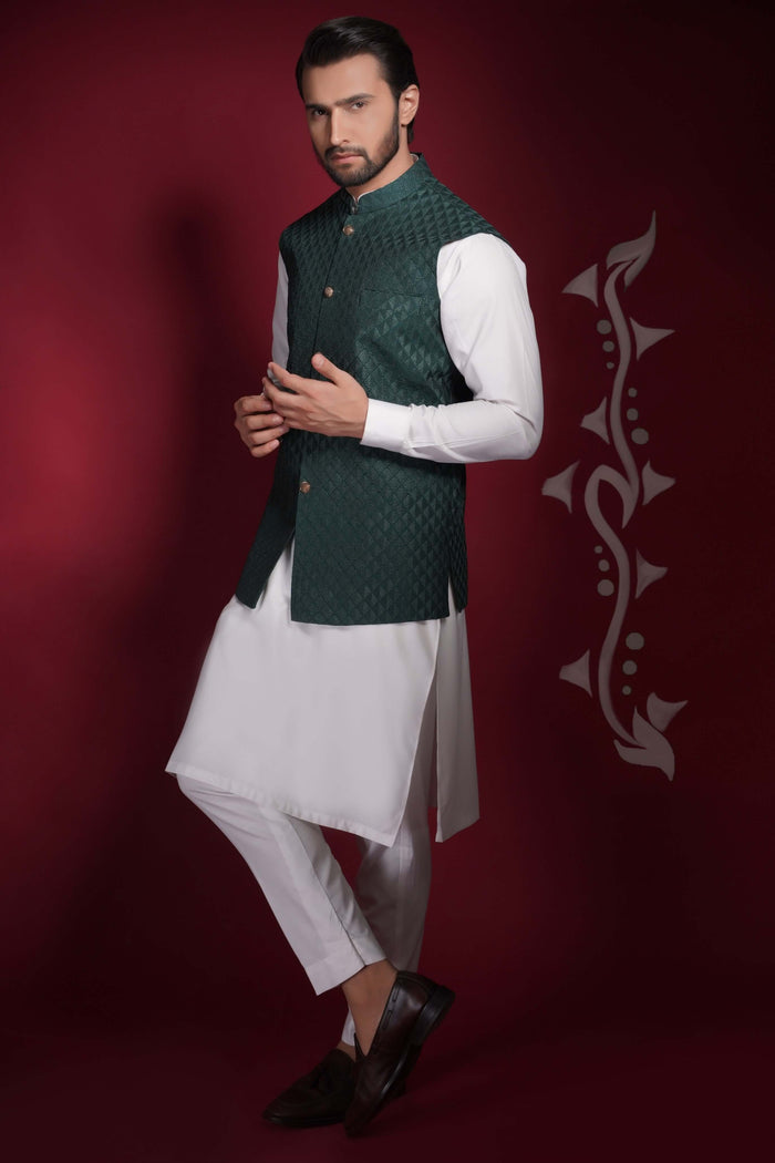 Emerald Green Diamond Texture Waistcoat Kurta Set.