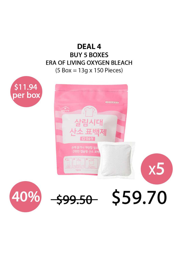 Promotional offer for Era of Living Oxygen Bleach with packaging and pricing details.