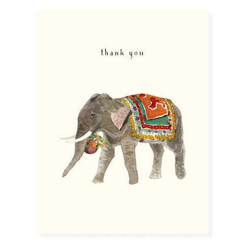 Thank you card with illustrated elephant and colorful patterned saddle