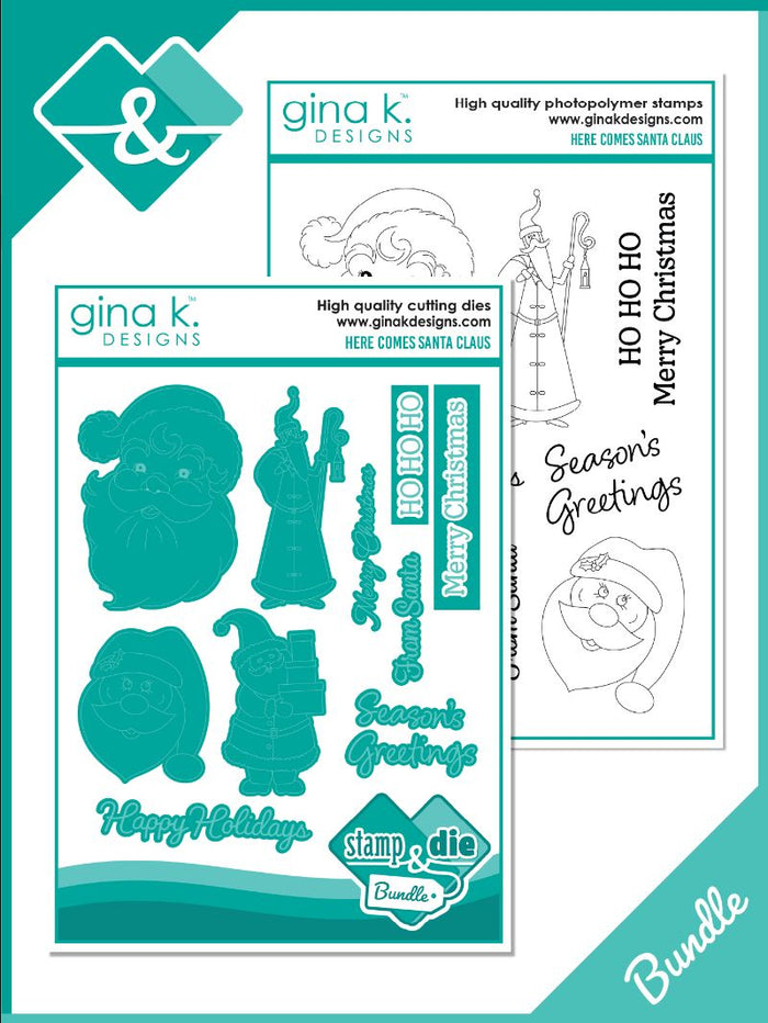Gina K. Designs - Stamp & Die Set - Here Comes Santa Claus. Available at Embellish Away located in Bowmanville Ontario Canada.
