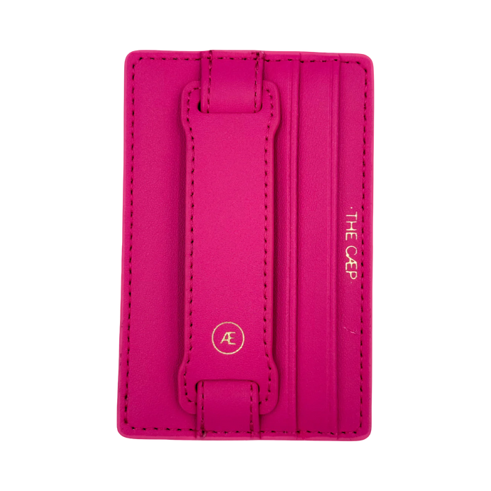 Pink cardholder with brand logo on a white background