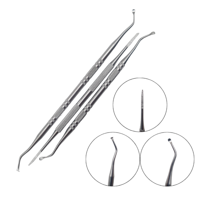 P018 Ingrown Toenail Tool Set 3 Piece | Set of metal ingrown toenail tools with close-up insets on a white background
