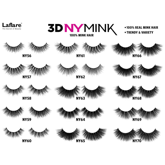 LAFLARE 3D mink lashes NY43 display sheet showing multiple full volume real mink lash styles