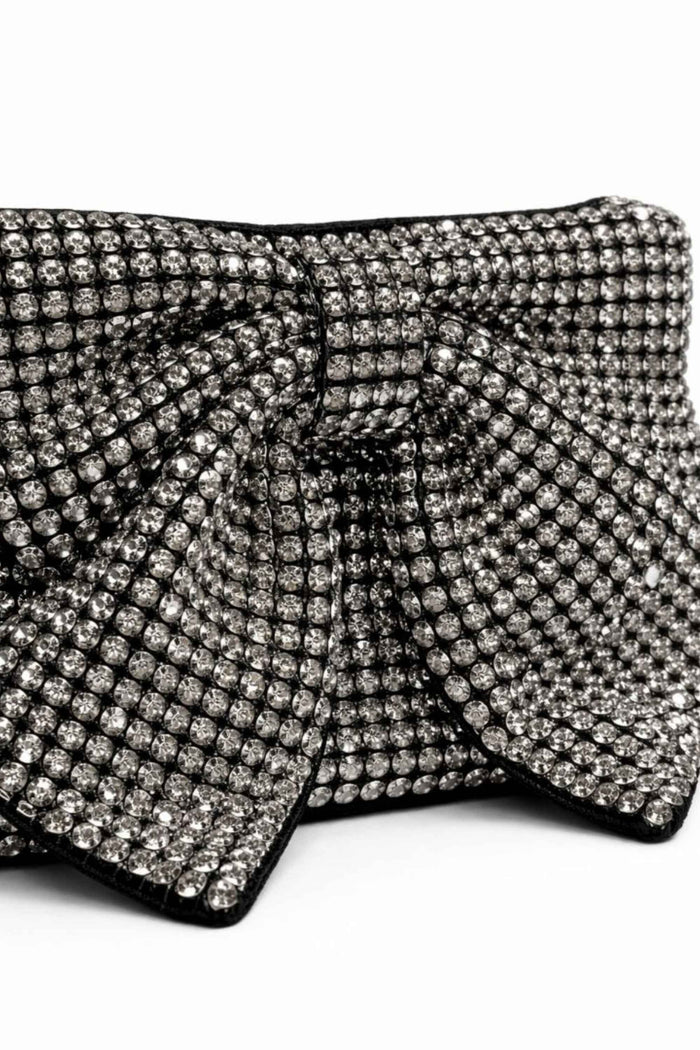 Close-up of rhinestone-encrusted black clutch with bow detail, showcasing shimmering surface and intricate design, SKU: CB61269