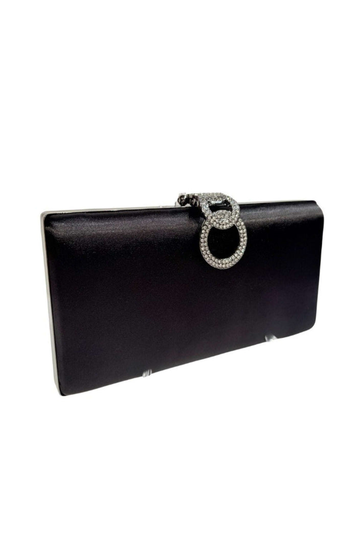 Elegant black clutch bag with a sparkling diamante buckle clasp, structured shape, perfect for evening occasions, made of smooth material.