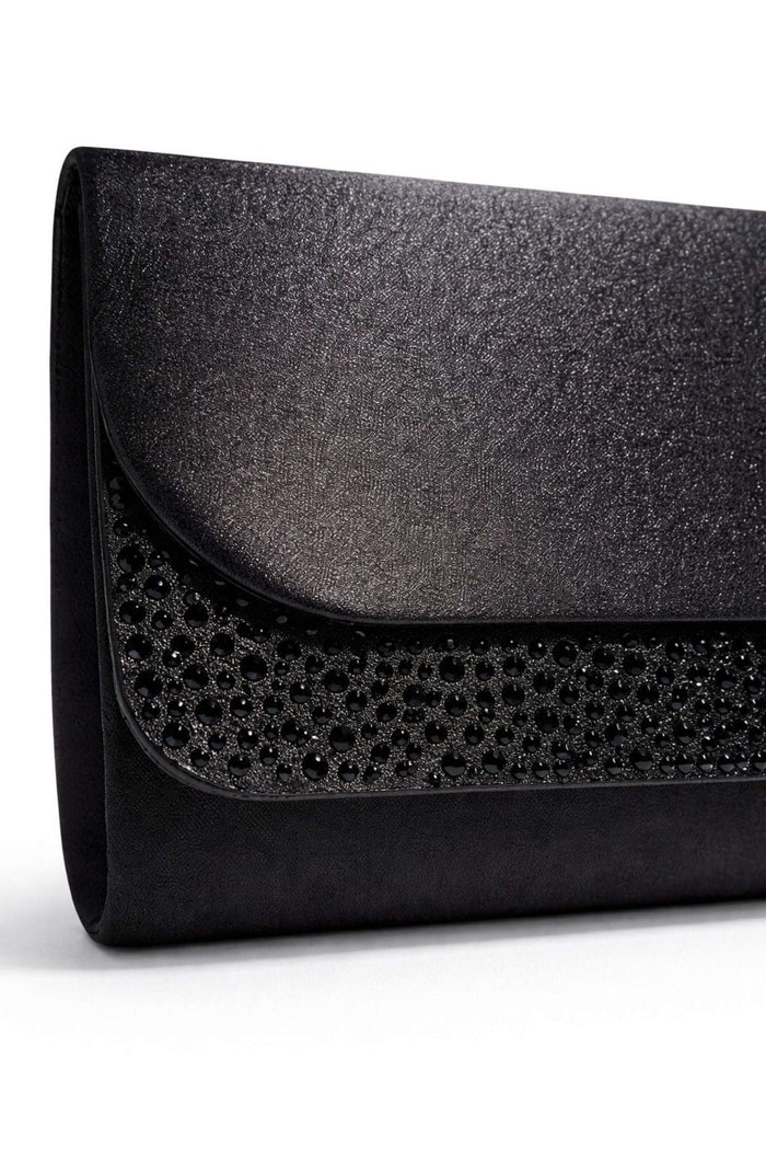 Black clutch bag with a glittery, textured fold-over flap and a perforated, circular pattern on the front, perfect for evening wear - SKU: CB61236