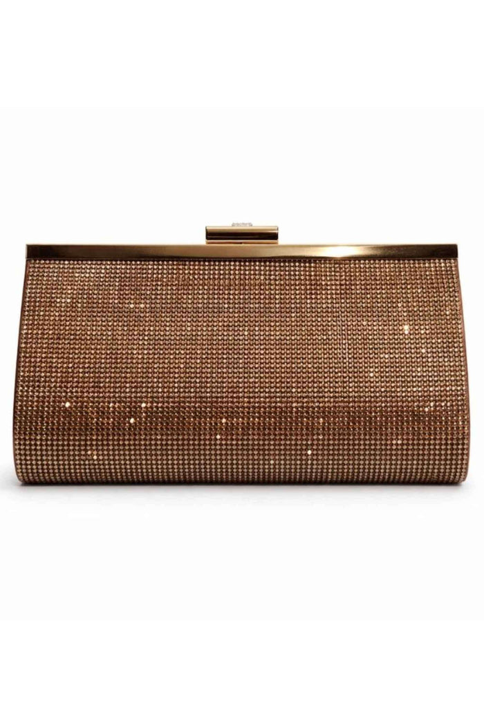 Close-up of the rose gold metallic clasp on the rhinestone-embellished clutch, showcasing its shiny finish and elegant design.