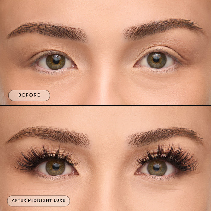 Before and after of a model wearing Midnight Luxe lashes.