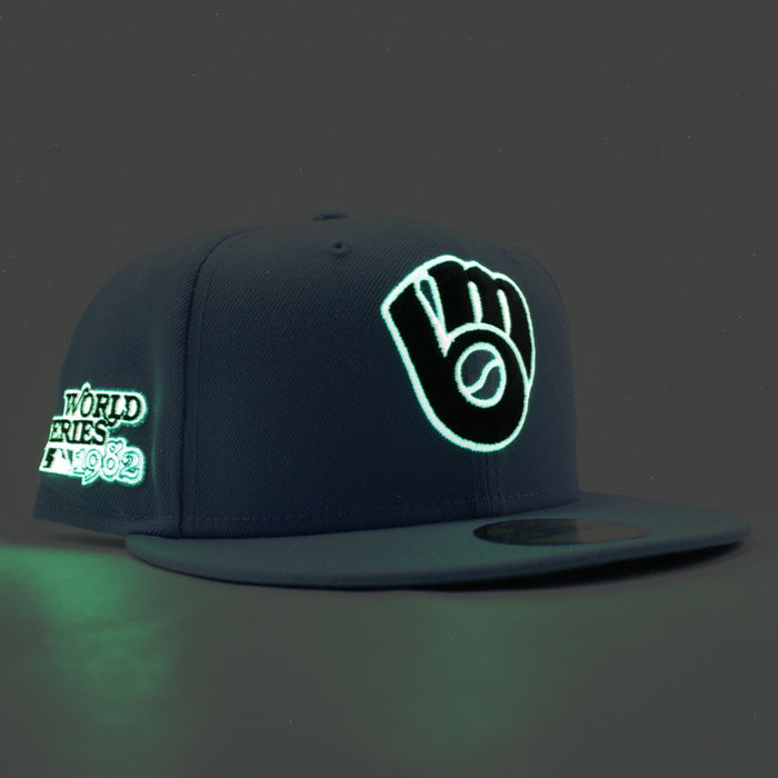 Milwaukee Brewers 1982 World Series New Era 59Fifty Fitted Hat (Sky Blue Black Glow in the Dark Logo Green Under Brim)