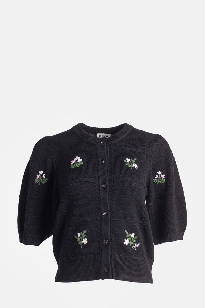 Rixo Minta Cardigan Summer Bud Embroidery Black.