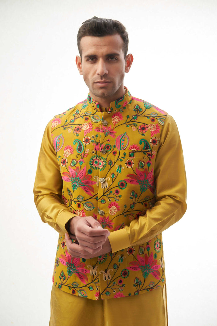 Mustard Yellow Resham Embroidered Waistcoat