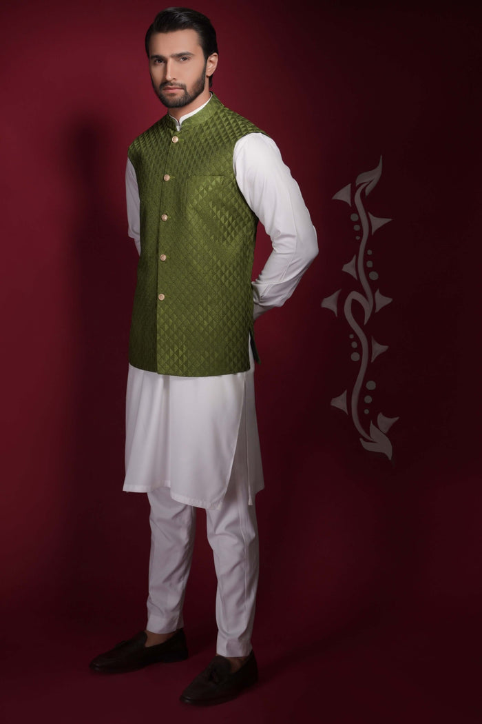 Olive Green Diamond Texture Waistcoat Kurta Set