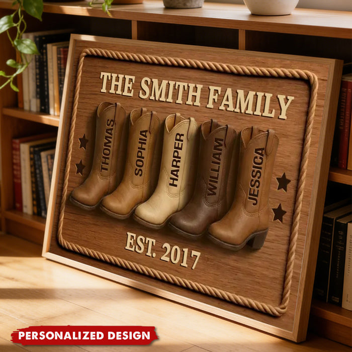 Personalized Western Style Family Cowboy Boots Poster With 2-8Names & Year & Text | Heartwarming Home Decor Gift for Mom Dad Families