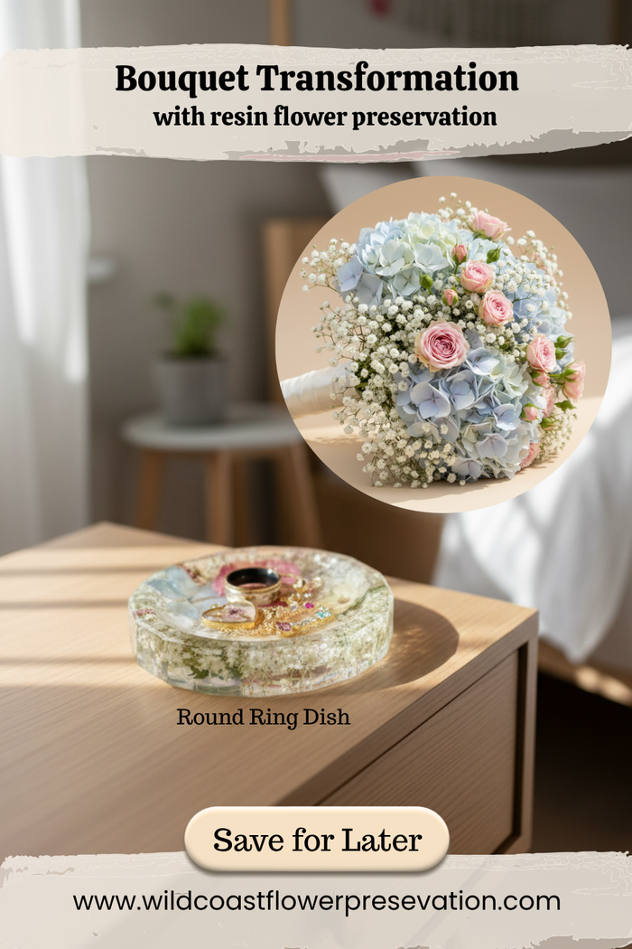 Bouquet transformation into a round resin ring dish with text overlay on a blurred indoor background.