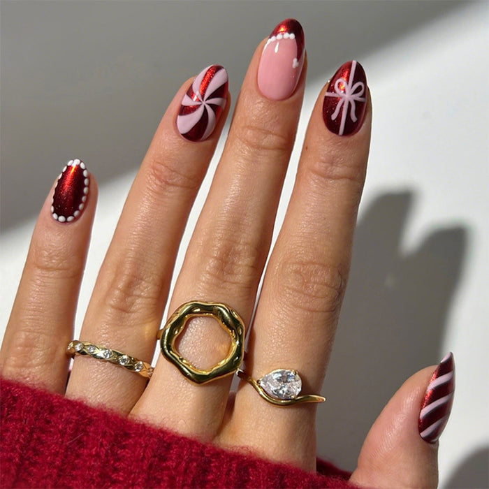 Red striped French shiny fake nails