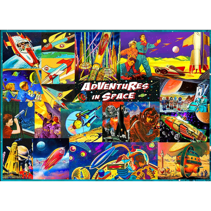 A colorful jigsaw puzzle featuring various space-themed illustrations, including rockets, planets, and space suits.