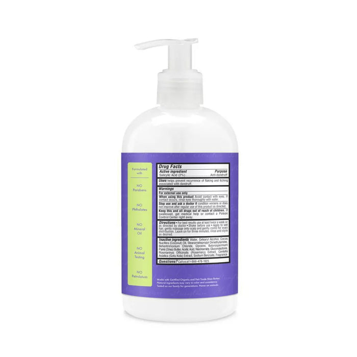 Shea Moisture apple cider vinegar anti-dandruff conditioner white pump bottle showing back with purple label and drug facts