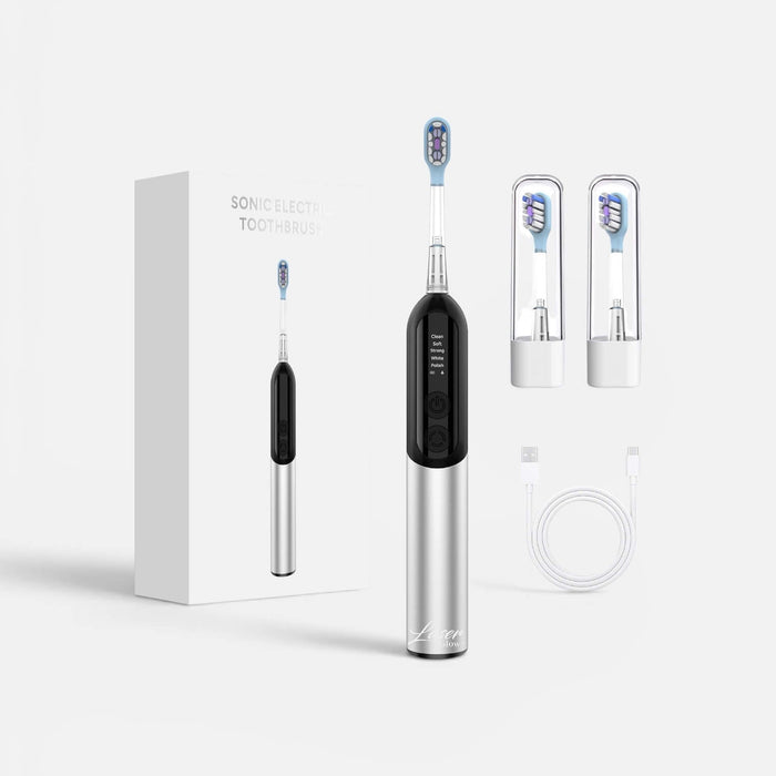 Rechargeable sonic electric toothbrush with metal body, soft bristles, and smart brushing features.