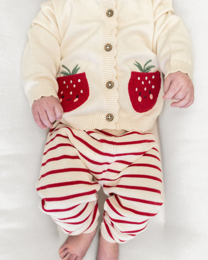 Strawberry Embroidered Pocket Baby Cardigan & Pants Set (Organic Cotton) - Model