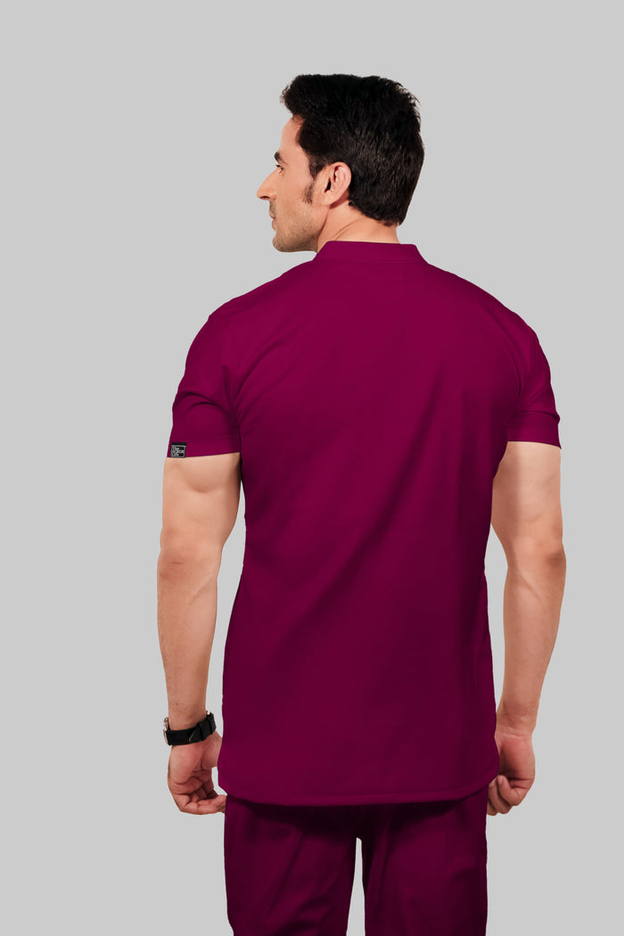 Stretchable (4Way) Men Wine Mandarin Neck Scrub Top