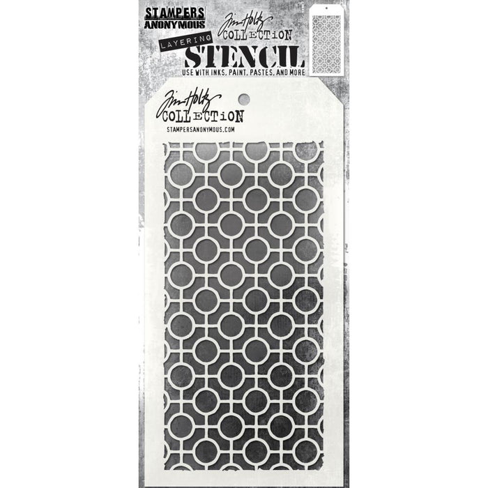 Tim Holtz - Layered Stencil - 4.125"X8.5" - Linked Circles. Layering stencils are designed to add texture and imagery to your creativity. The simple tag shape makes it easy to organize and store the stencils in one place. Available at Embellish Away located in Bowmanville Ontario Canada.