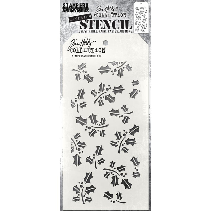 Tim Holtz - Layered Stencil - Hollyberry. Layering stencils are designed to add texture and imagery to your creativity. The simple tag shape makes it easy to organize and store the stencils in one place. Available at Embellish Away located in Bowmanville Ontario Canada.