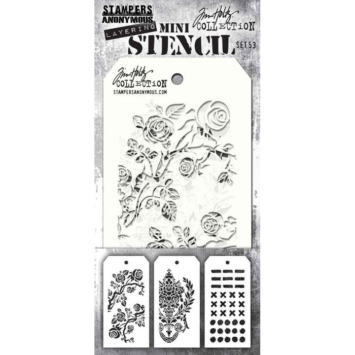 Tim Holtz - Mini Layered Stencil Set - 3/Pkg - Set #53. Add dimension to a project by using color variations or different colors in the open spaces of the stencils. Available at Embellish Away located in Bowmanville Ontario Canada.