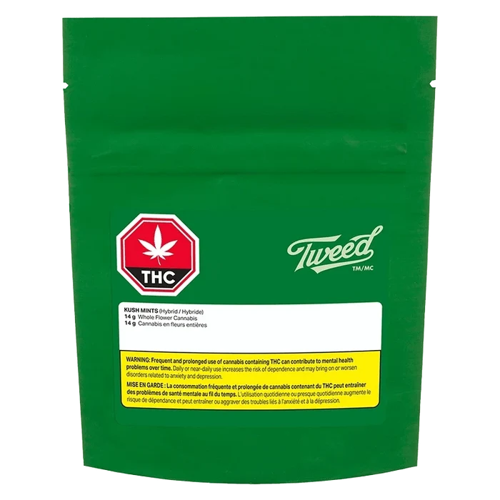 Front-facing green resealable pouch labeled "Tweed Kush Mints" with a red THC stop sign symbol and white warning panel near the bottom