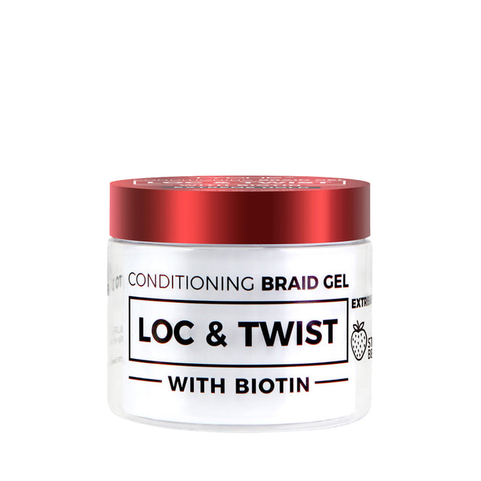 NICKA K conditioning braid gel with biotin in clear jar with red lid for loc and twist styling