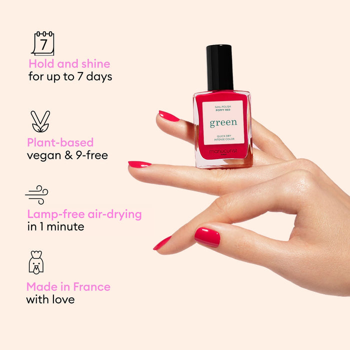 A hand with red-painted nails holds Manucurist US Starter Kit: up to 7-day hold shine, plant-based vegan formula, gel effect for easy at-home manicure, air-dries in 1 min—no lamp needed. Made in France with love.
