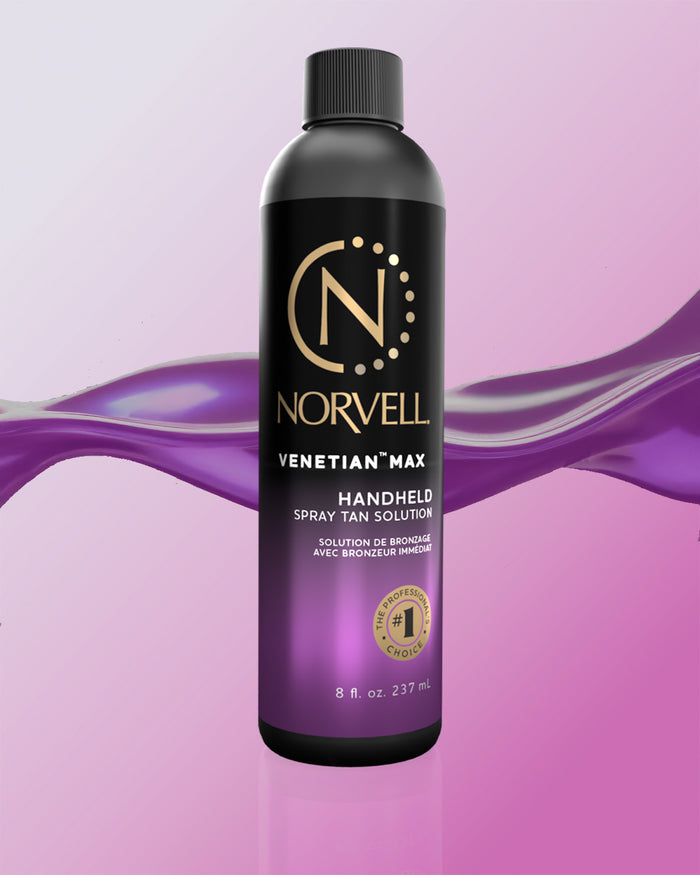 Norvell Venetian Max handheld spray tan solution bottle on a purple background