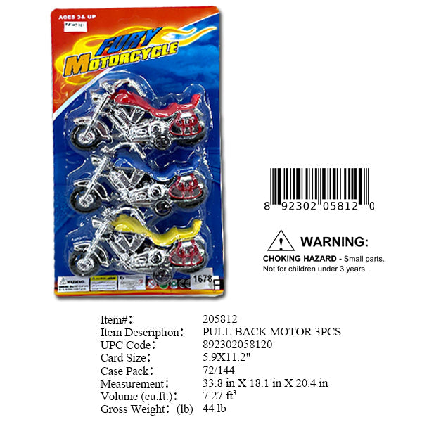 11X6"3PC PULL BACK FURY MOTORCYCLE