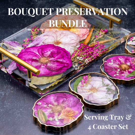 12x8 Tray & Geode Coaster Bundle,  serving tray with coasters featuring preserved flowers for elegant entertaining.
