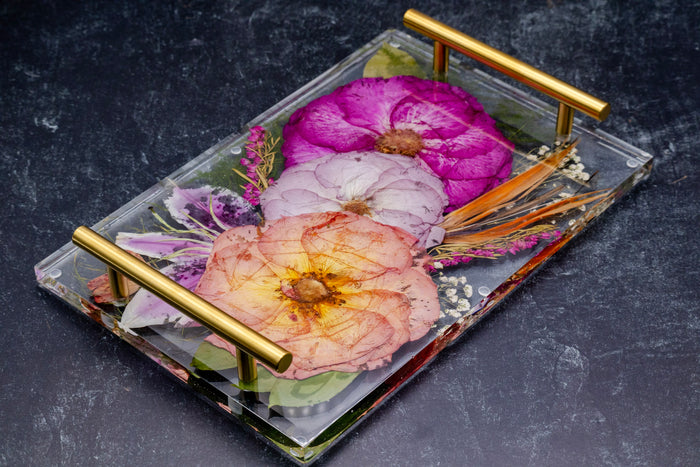 12x8 Tray & Geode Coaster Bundle featuring preserved flowers and gold handles on a sleek black surface.