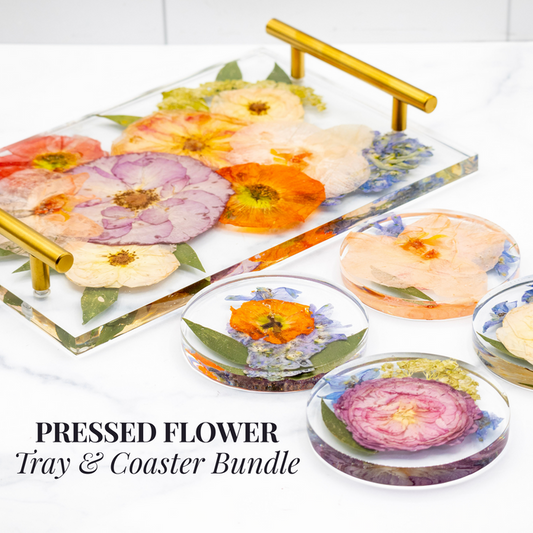 12x8 Tray & Round Coaster Bundle featuring pressed flowers in resin for elegant home decor.