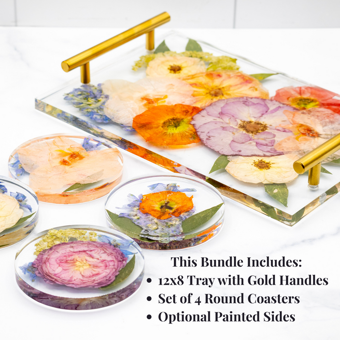 12x8 Tray & Round Coaster Bundle featuring a floral resin design, gold handles, and four matching coasters.