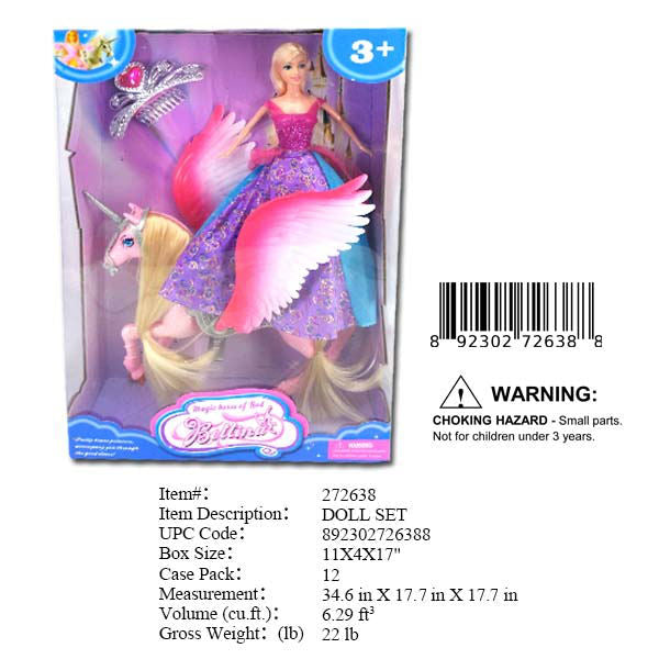 17X11X4"11"BETTINA PRINCESS DOLL+UNICORN