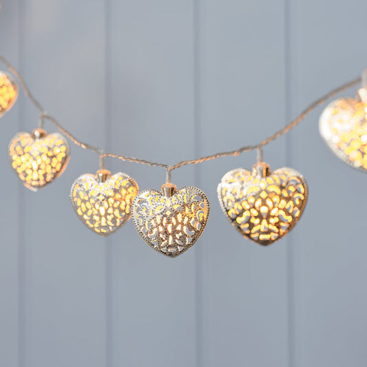 Silver filigree heart string lights