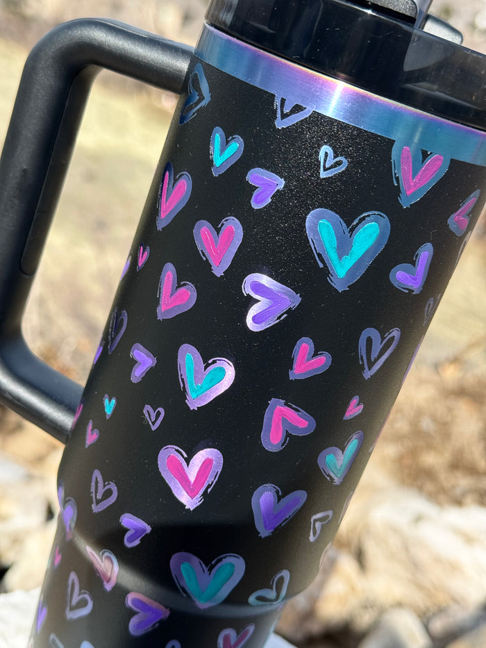 Black Chroma Stanley ‘Hearts’ Engraved and Painted Tumbler