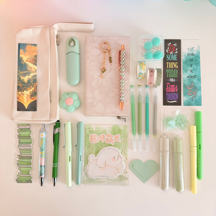 Beige & Green Aesthetic Stationery Gift Set – Notebook, Pens & Desk Essentials