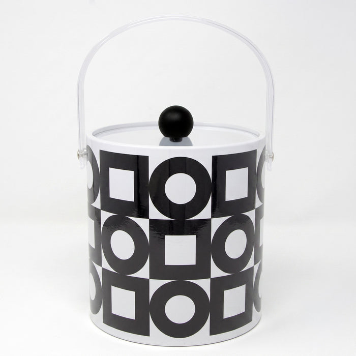 Black and white geometric patterned ice bucket with a black handle on a white background