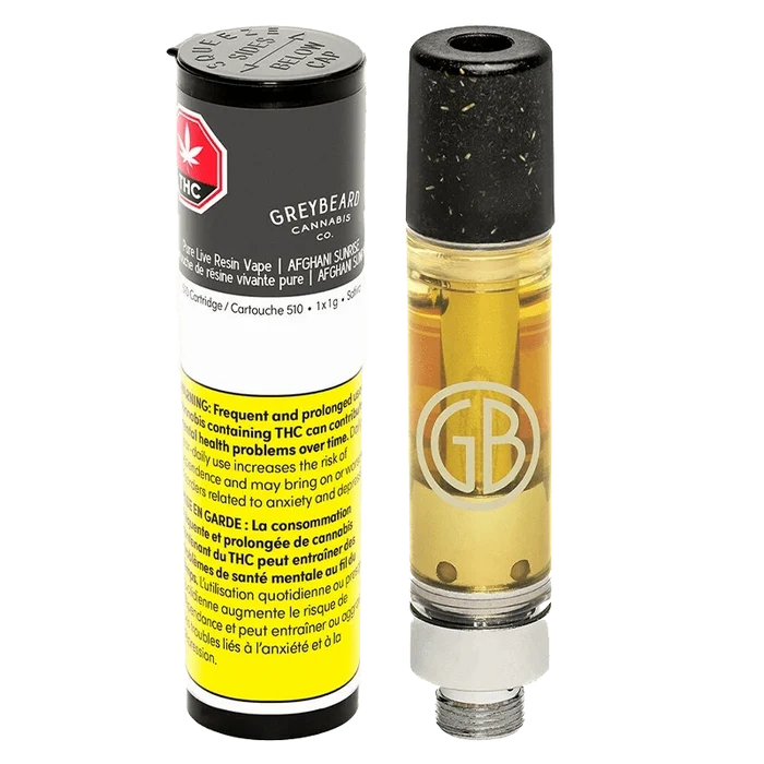 Front-facing shot of the Afghani Sunrise Pure Live Resin Vape Cartridge by Greybeard Cannabis Co., beside its black-and-yellow warning tube.