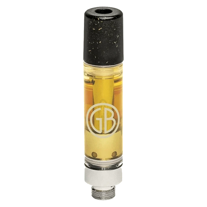 Straight-on view of the Afghani Sunrise Pure Live Resin Vape Cartridge showing golden oil in a clear chamber with a black speckled mouthpiece.